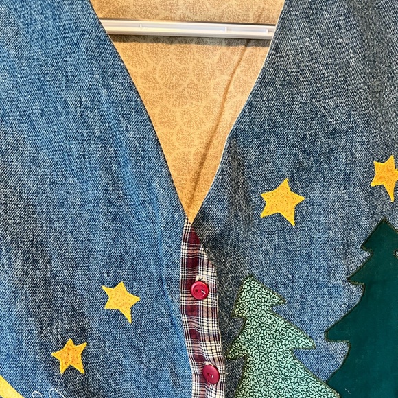 Artisan made denim vest with wilderness appliqué. Gingham tweed look to back. - Picture 3 of 5